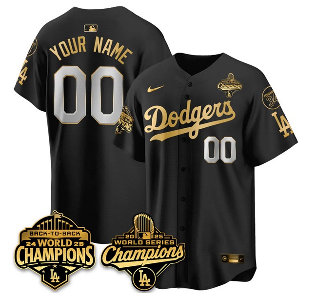 Men's Los Angeles Dodgers Active Player Custom Black Gold 2025 World Series Champions & Back to Back Champions With No.34 Patch Limited Stitched Baseball Jersey